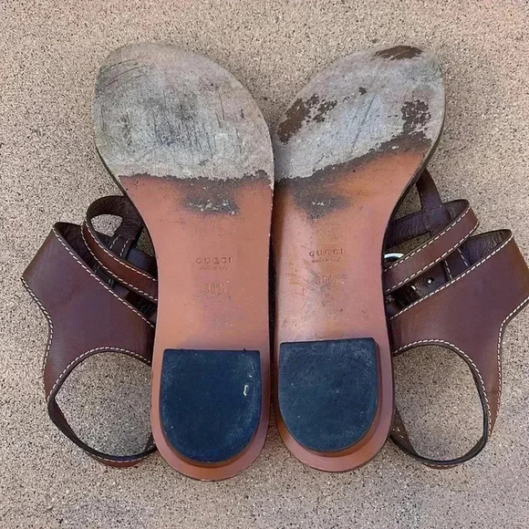GUCCI Brown Leather Sandals Bamboo Buckle Straps Sz 36.5 - Picture 7 of 11